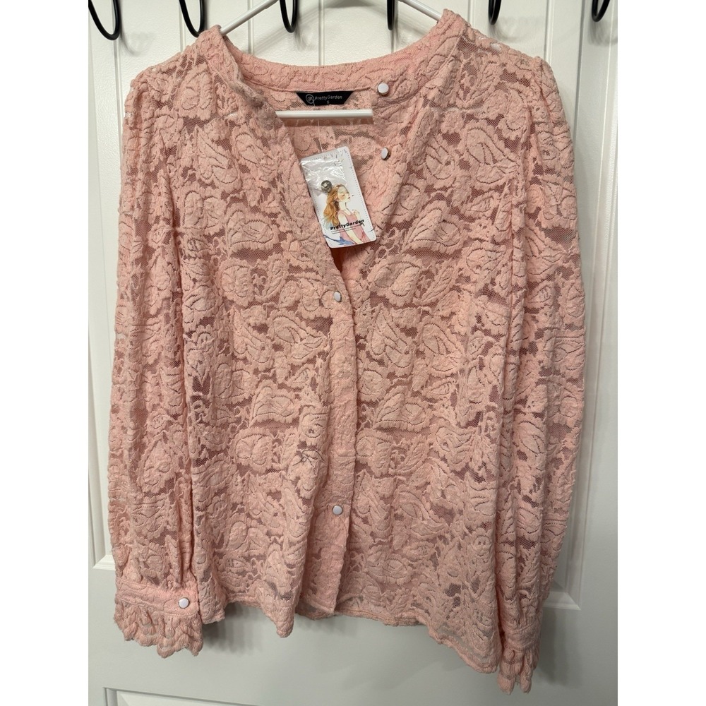 NWT PrettyGarden Floral Lace Button Front Blouse Pink Romantic Ruffle Size S